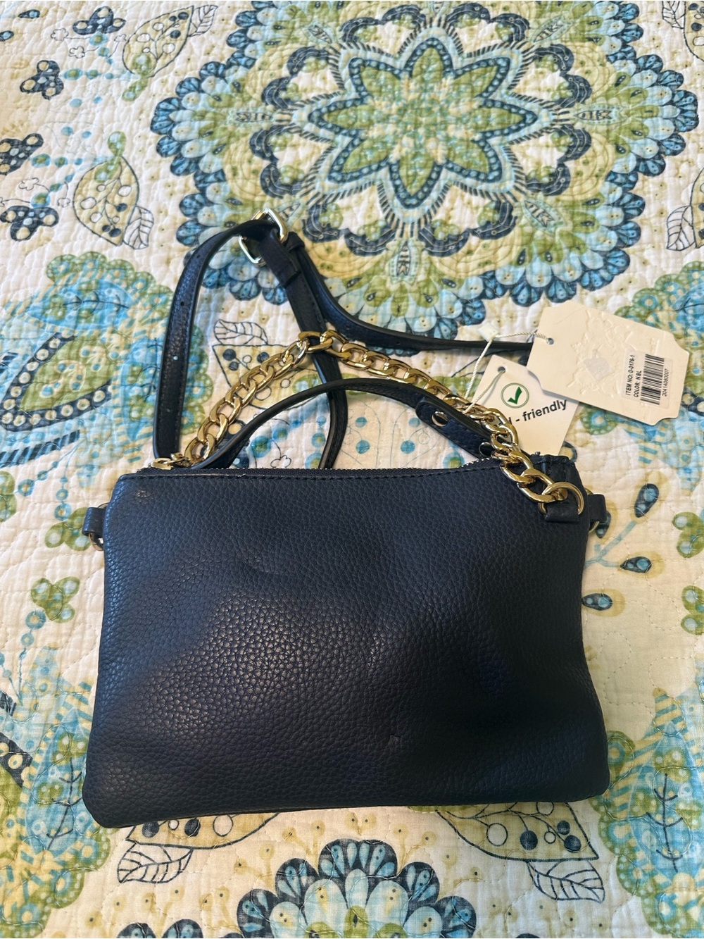 Classic Navy Pebbled Leather Crossbody with Gold Chain Accent